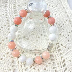 Glass Beaded Stretch Bracelet Pink White Bling